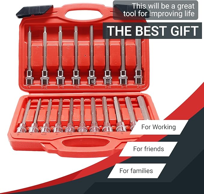 19-Piece 3/8 Inch Drive Extra Long Allen Hex Bit Socket Set, Standard SAE (1/8" - 3/8"), Metric (3mm-12mm), CR-V & S2 Alloy Steel Durable Tool Accessories Kit for Mechanics