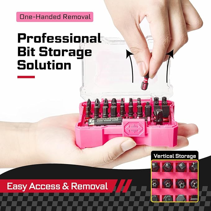 32Pieces Impact Screwdriver Bits Set, S2 Steel Magnetic Phillips/Slotted/Square/Torx/Hex Muliti Insert Bits Tips Set with Impact Bit Holder and 1/4?쒾ocket Adapter(Pink Storage Box Case)
