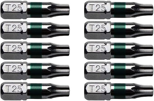 T25 Torx/Star Driver Bit - Color Coded T25 x 1" Torx/Star Drive Bit for Screws and Fasteners - 10 Pack