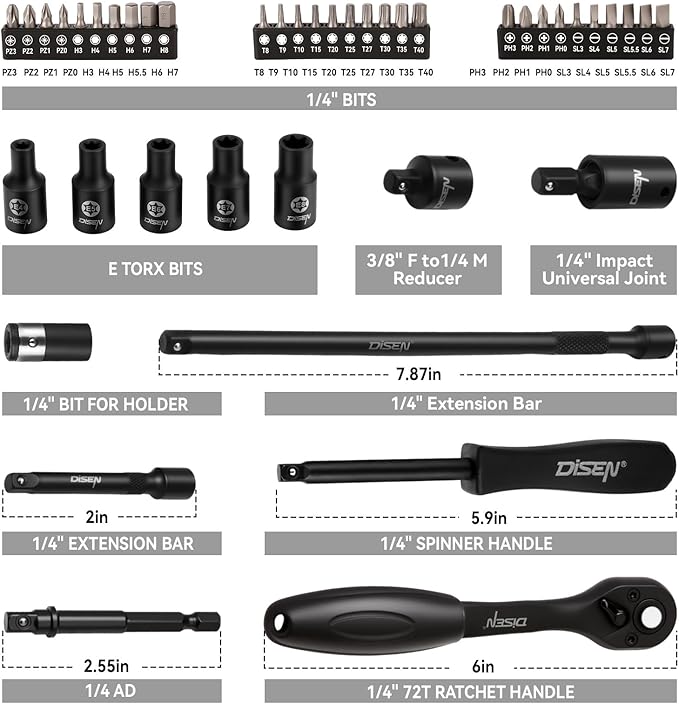 DISEN 94 PCS 1/4" Drive Impact Socket Set, Shallow & Deep Socket SAE(5/32"-9/16") & Metric(4-15mm), Torx Screwdriver Bit Set, 72T Ratchet Wrench Handle, CRV Tool Set with Adapter, Automotive Repair