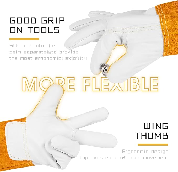 TOOLIOM Premium Goatskin TIG Welding Gloves Cuff Cowhide Split Leather with Soft Lining High-Dexterity (14-inch, Medium)