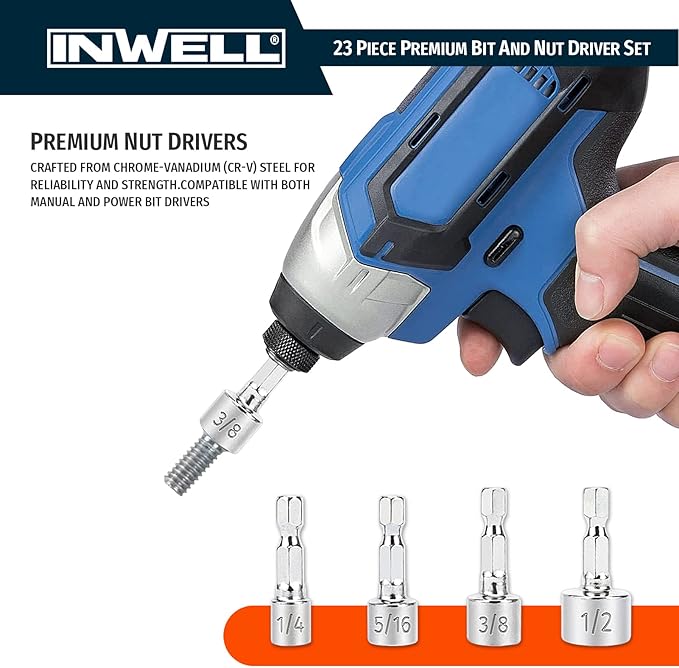 23 Piece Premium Screwdriver Bit Set,Nut Driver Set,Driver Bit Set - S2 Steel Color Bits Set - Magnetic Tips - Phillips,Slotted,Square and Torx - for Power Drill
