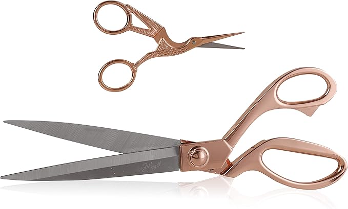 eZthings짰 10" + 4.5" Sewing Shears + Embroidery Stork Scissors Titanium Stainless Steel Ultra Sharp Tailor Dressmaker's Set for Cutting Fabric, Canvas, Denim (10 Inch + 4.5" Set Rose Gold)