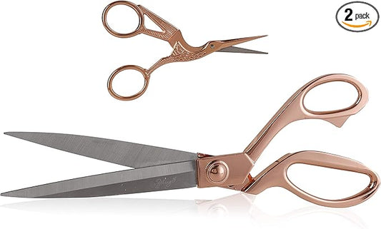 eZthings짰 10" + 4.5" Sewing Shears + Embroidery Stork Scissors Titanium Stainless Steel Ultra Sharp Tailor Dressmaker's Set for Cutting Fabric, Canvas, Denim (10 Inch + 4.5" Set Rose Gold)
