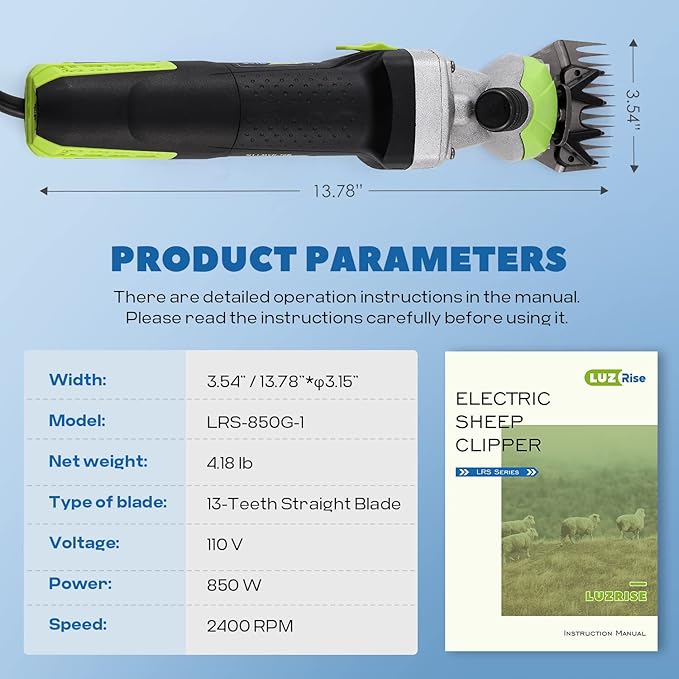 Sheep Shears Electric 850W 2400RPM Professional Heavy Duty Shearing Clipper with 6 Speed, for Shaving Fur Wool in Sheep, Goat, Cattle, and Other Farm Livestock Pet with Carrying Case (Size: 13.8*3.6")