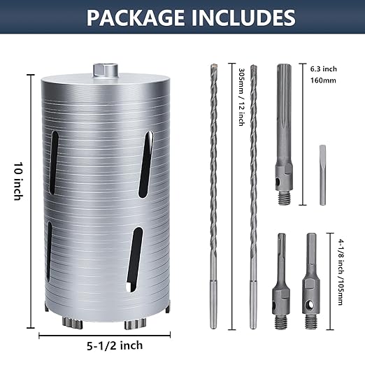 5-1/2 inch Diamond Dry Core Drill Bit, 10" Drilling Depth, 5/8"-11 Thread Core Drill Bit for Concrete Masonry Brick Block, Includes 3 Adapters SDS Plus, SDS Max and Hex (5-1/2 inch)