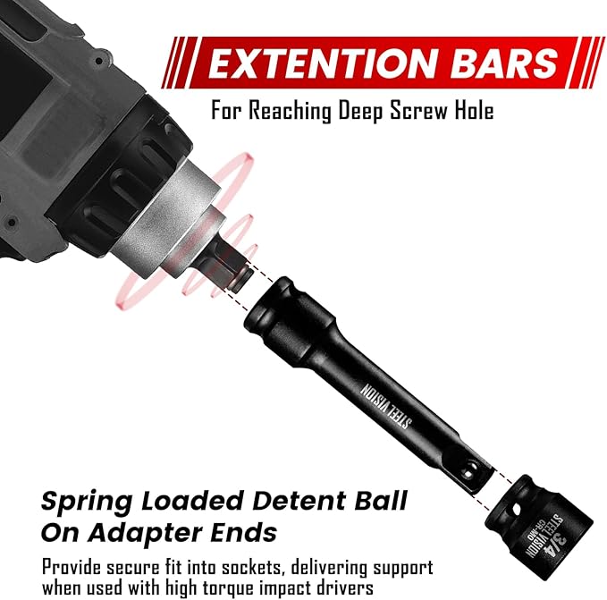 43?멠c 3/8??Impact Socket Set ??SAE & Metric (5/16??/4?? 8??9?칖m), 6?멠oint Deep & Shallow Sockets, Chrome?멝oly Steel, Includes Adapter, Extension, Universal Joint ??Black Phosphate, Laser?멐tched