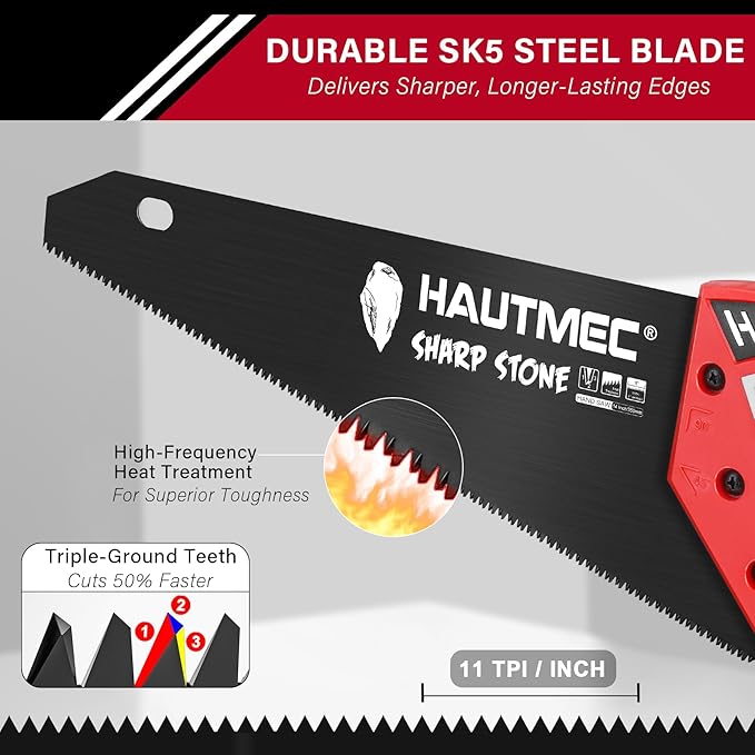 HAUTMEC 14" Expert Hand Saw for Accurate, Clean & Labor-Saving Cutting, 11 TPI Fine-Cut Handsaw with SK5 Rust-Resistant Blade, Triple Ground Teeth, Ergonomic Non-Slip Handle for Wood, PVC – HT0301