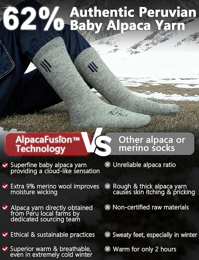Alpaca Wool Boot Socks Men and Women, Heavyweight Thick Thermal Socks Cold Weather Hunting Hiking, Moisture Wicking