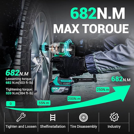 DCA 20V Brushless Impact Wrench Cordless, 682Nm Max Torque, 1/2" Hog Ring Impact Gun, 2 * 4000mAh Li-ion Battery, 4 Modes, LED Light, Compact Design, Smart Loosen Function