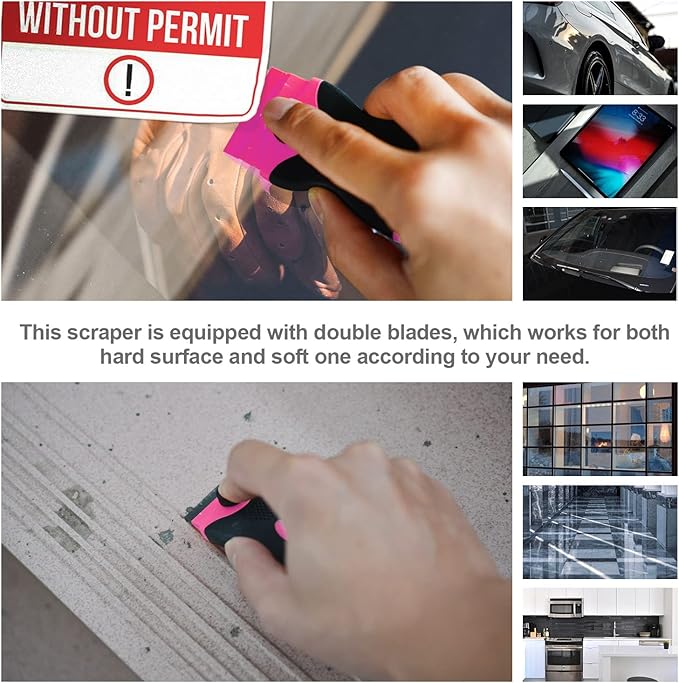 Razor Blade Scraper, Double Edge Razor Scraper Remover Tool with 30 Pcs Razor Blades for Labels Stickers Decals Removal Auto Window Tint Vinyl Tool Application (Pink)