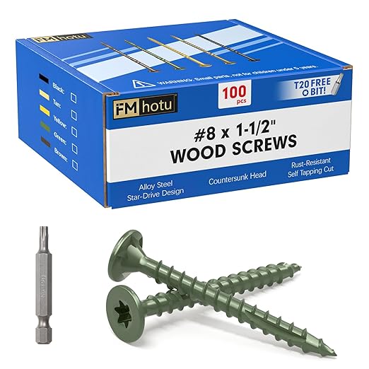 #8 x 1-1/2” Deck Screws, 100Pcs Star Drive Wood Screws, Rust Resistant Timber Screws for Timber/Log/Landscaping Wood, T20 Star Bit Included, Green