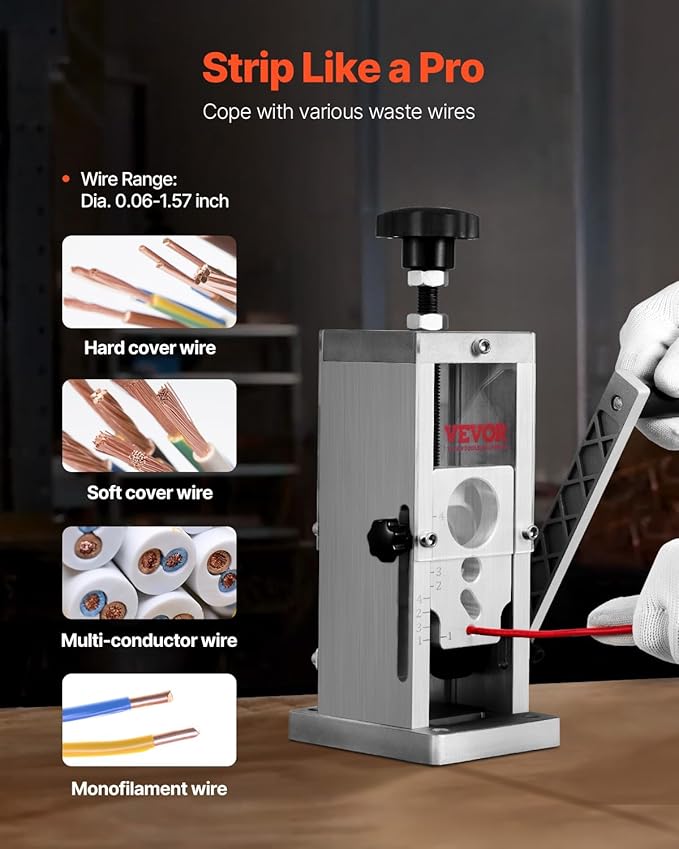 VEVOR Manual Wire Stripping Machine, 0.06''-1.5'' Copper Stripper with Hand Crank or Drill Powered, Visible Stripping Depth Reference, Portable Aluminum Frame Wire Peeler for Scrap Copper Recycling