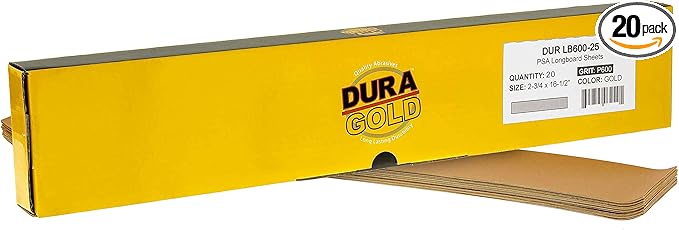 Dura-Gold Premium 600 Grit Gold Pre-Cut PSA Longboard Sandpaper Sheets, Box of 20, 2-3/4" x 16-1/2" Self-Adhesive Stickyback Sandpaper for Automotive, Woodworking Air File Sander, Hand Sanding Block