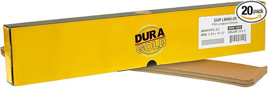 Dura-Gold Premium 600 Grit Gold Pre-Cut PSA Longboard Sandpaper Sheets, Box of 20, 2-3/4" x 16-1/2" Self-Adhesive Stickyback Sandpaper for Automotive, Woodworking Air File Sander, Hand Sanding Block