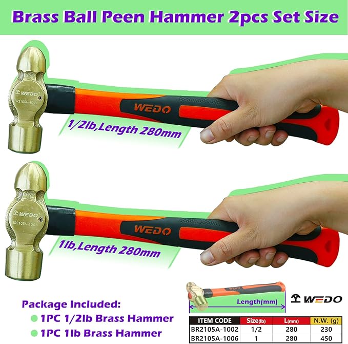 WEDO 2PCS Brass Ball Peen Hammer Set,1/2lb+1lb,Fiberglass Handle,Die-Forged,Corrosion Resistant,DIN Standard
