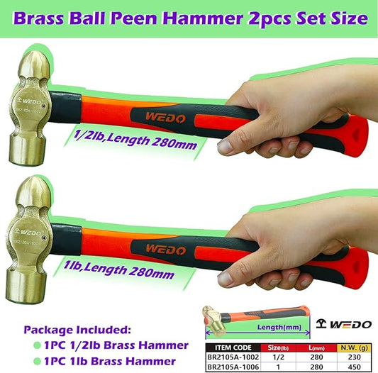 WEDO 2PCS Brass Ball Peen Hammer Set,1/2lb+1lb,Fiberglass Handle,Die-Forged,Corrosion Resistant,DIN Standard