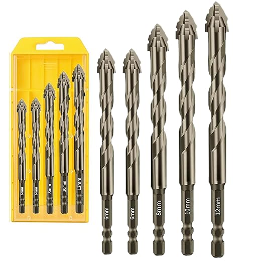 5 Piece 4 Tooth Drill Bit High Strength Eccentric Drill Bit Set for Concrete/Glass/Cast Iron/Tile/Wood. Hexagonal Shank Drills, Short bits, Reduced Vibration, Dry Drills, Sizes: 6+6+8+10+12 mm