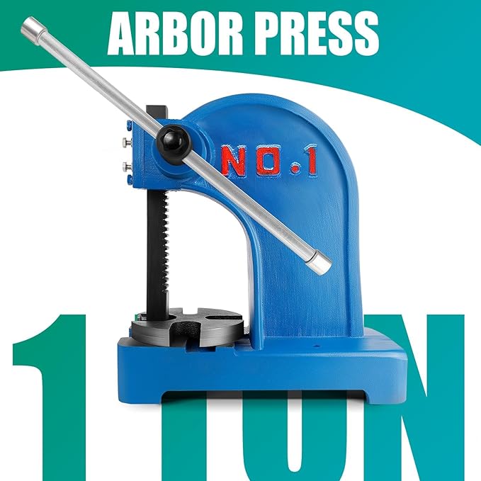 1 Ton Arbor Press with 3 Extra Drifts, Manual Arbor Press Reversible Ram, Heavy-duty Manual Desktop Arbor Press with Removable Steel Anvil 11.73" Height for Metal Cutting/Deforming (Blue)