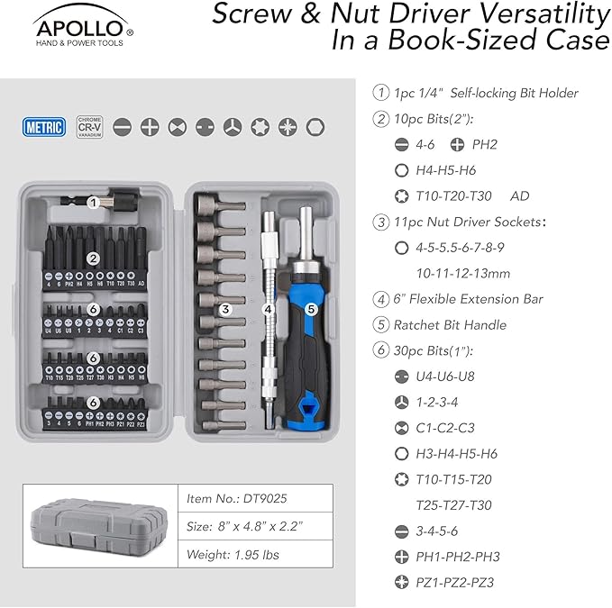 Apollo Tools 54-Piece Screwdriver & Nut Driver Bit Set ??Ratcheting Handle, Flexible Extension, Metric Nut Drivers, Specialty Bits for Household, Automotive, & Appliance Repairs, Blue/Gray DT9025