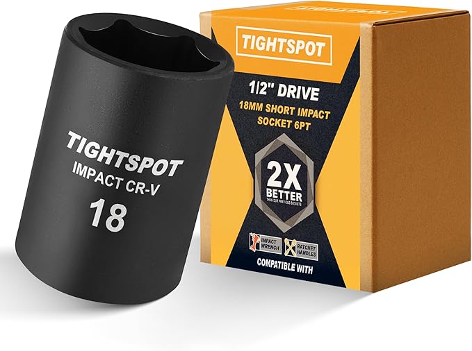 TIGHTSPOT 1/2 Inch Drive 18mm Shallow Impact Socket with Anti-Rounding 6 Point Design, Heat-Treated CRV Steel