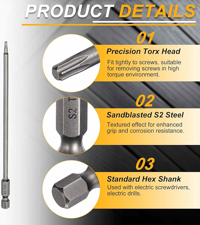 HARFINGTON 2pcs T10 Torx Head Screwdriver Bit 1/4" Hex Shank 6" (150mm) Long Magnetic No Hole Tip Tamper Proof 6 Point Star Screw Driver Drill Bits S2 Steel Industrial Power Screwdrivers