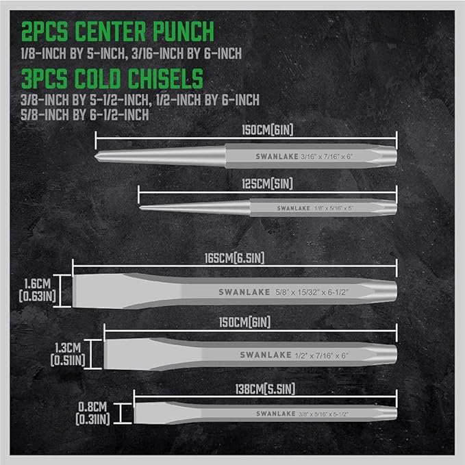 16-Piece Precision Punch & Chisel Set - Taper Punch, Pin Center Punch, Cold Chisels & Gauge for Versatile Applications