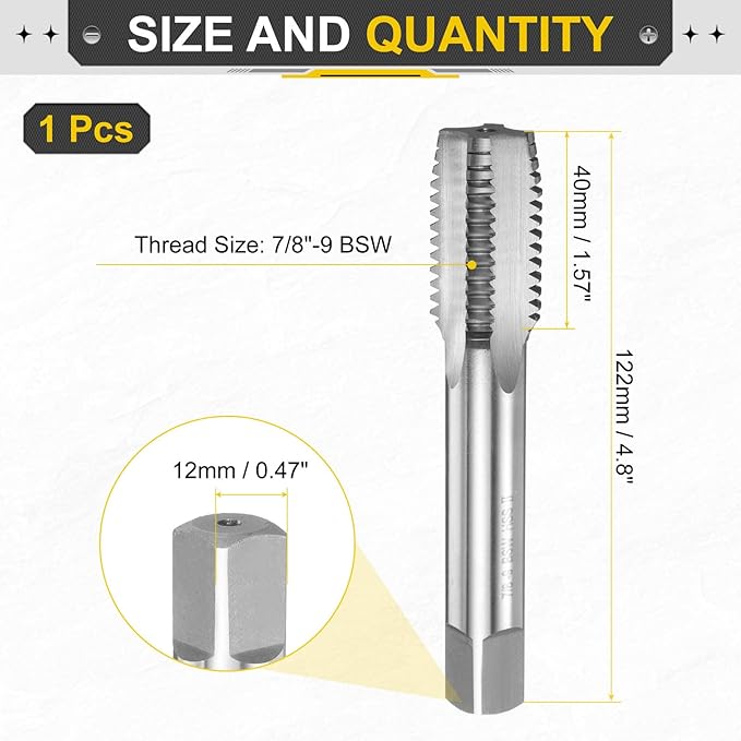 uxcell Hand Plug Tap 7/8"-9 BSW 2B Thread Plug Style Taps Straight Flute Screw Tapping Threading Tool High Speed Steel HSS6542