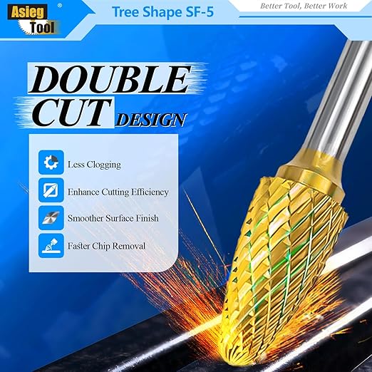 SF-5 5pcs Tungsten Carbide Burr TiN Rotary File Tree Shape Radius End Shape Double Cut for Die Grinder Drill Bits 1/4'' Inch Diameter of Shank and 1/2'' Diameter of Cutter 1'' Inch Cutter Length