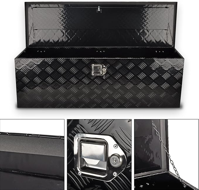 48 Inch Aluminum Truck Tool Box, 5 Bar Tread Pickup Truck Bed Tool Box Storage Organizer with Lock & 2 Keys,Black (48"X15"X15")