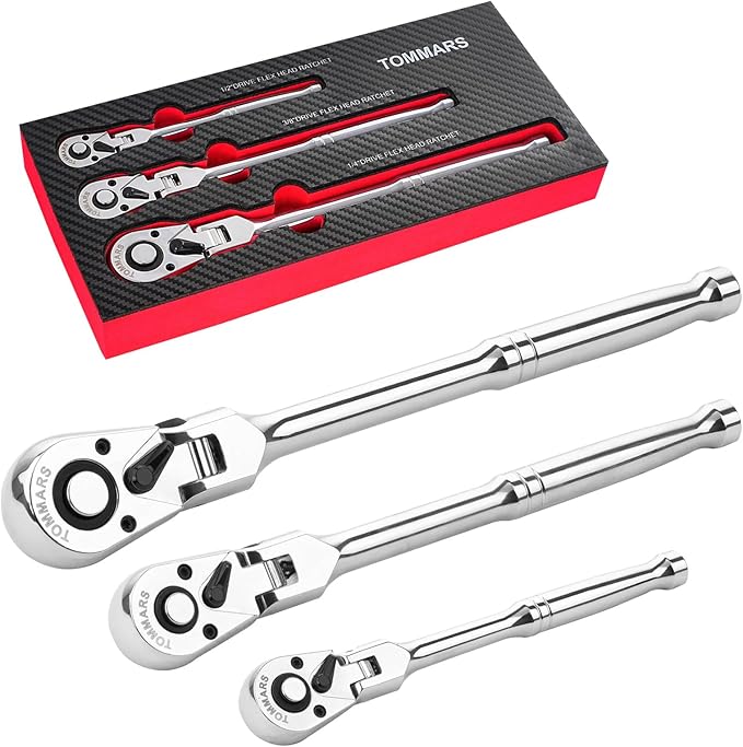 TOMMARS Flex-Head Ratchet Set, 1/4", 3/8", 1/2" Drive Flexible Ratchet Handle Wrench 72-Tooth Quick-Release Reversible Gift for Men Mechanic Hand Tools