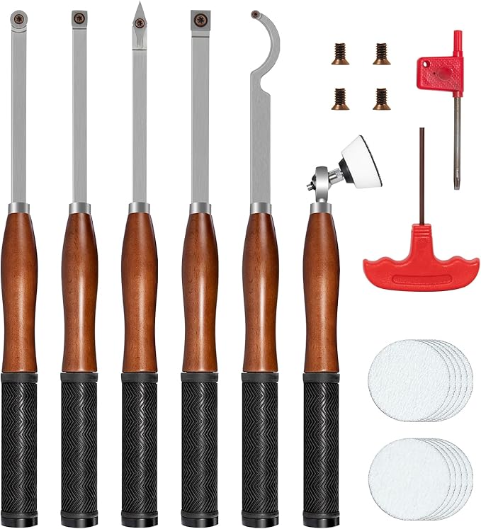Full Size Carbide Wood Lathe Turning Tool Kit with Bowl Sander,6pcs 18" Professional Carbide Lathe Tools with Wooden Box including Swan Neck Hollower, Rougher, Finisher,Beech Handle with Rubber