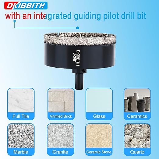 DKIBBITH 3-3/8" Diamond Hole-Saw Bits with Pilot Drill Bit - 3-3/8" Diamond Tipped Tile Hole Saws with Guiding Bit for Porcelain Tile Ceramic Pottery Granite Stone Glass Bottles 85mm.