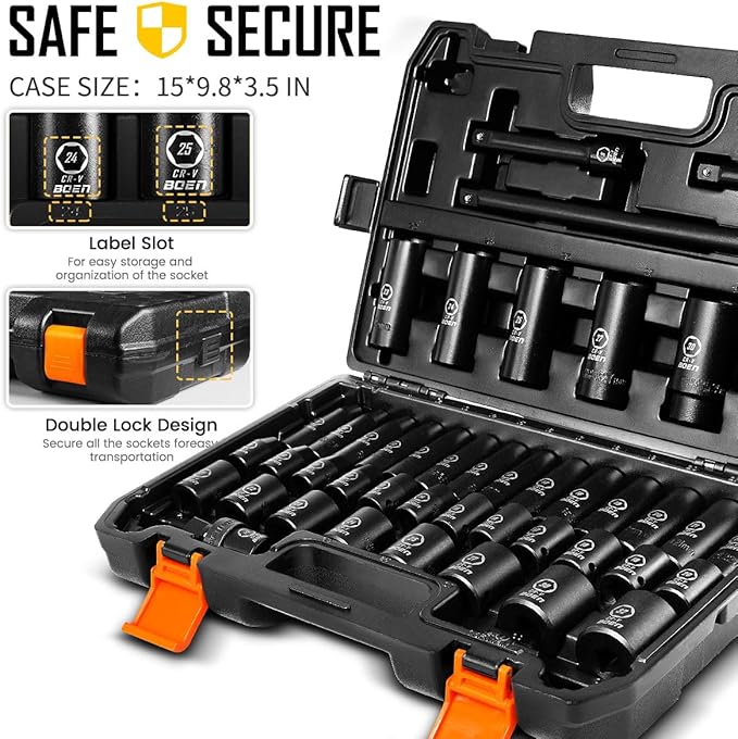 boen 45PCS 1/2??Drive Metric Socket Set, Impact Deep& Shollow Socket(9mm-32mm), 6 Point Lug Nut for Auto Repair with Portable Case, CR-V Steel
