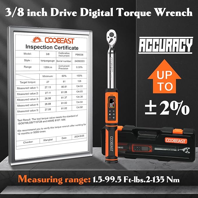 coobeast Digital Torque Wrench, 3/8 Drive Electronic Torque Wrench with Preset Value(1.5-99.5 Ft-lbs./2-135Nm), Buzzer and LED Flash Five Units of Measure for Bike Motorcycle Car