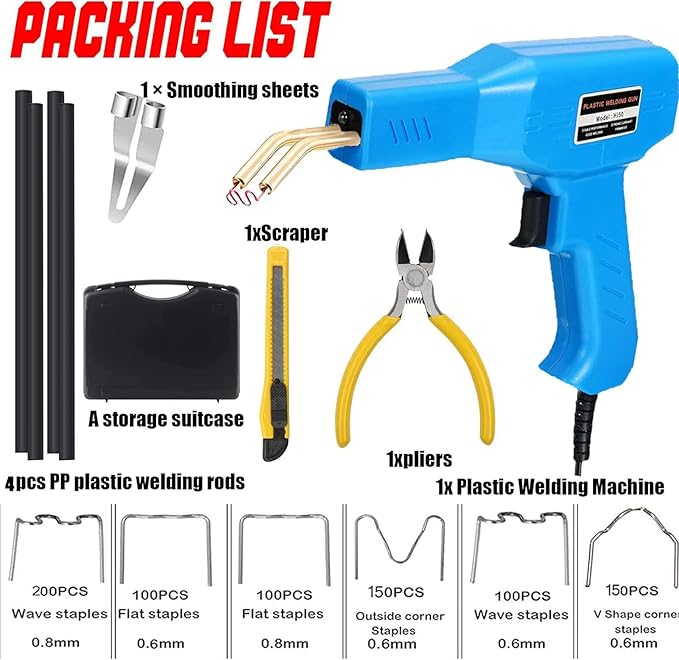 Plastic Welder,2 in 1 Plastic Welding Repair Kit with 1000pcs Hot Staples,4pcs Plastics Welding Rods,knife,Plier, Hot Staples Weld Gun Repair Kit for Car Bumper And Most Plastics(blue)