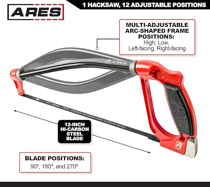 ARES 70098-3D Professional Hacksaw - Multi-Adjustable Arc-Shaped Frame - Multi-Angle Blade Position - 12-Inch Hi-Carbon Steel Blade