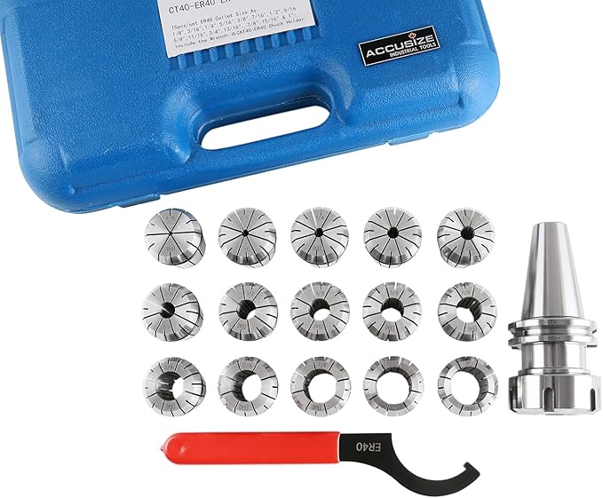 Accusize Industrial Tools Cat40 Shank and 15 Pc Er40 Collet Set with Wrench in Fitted Strong Box, 1/8 to 1 inch, Ct40-Er40