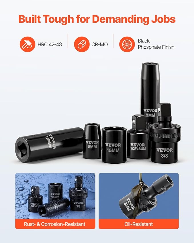 VEVOR Impact Socket Set 3/8" Drive, 67 PCS, CR-MO Swivel Sockets, SAE 5/16"-3/4" & Metric 8-19mm, 6 Point Shallow & Deep, Ratchet Handle, Extension Bars, Adapters, Universal Joint