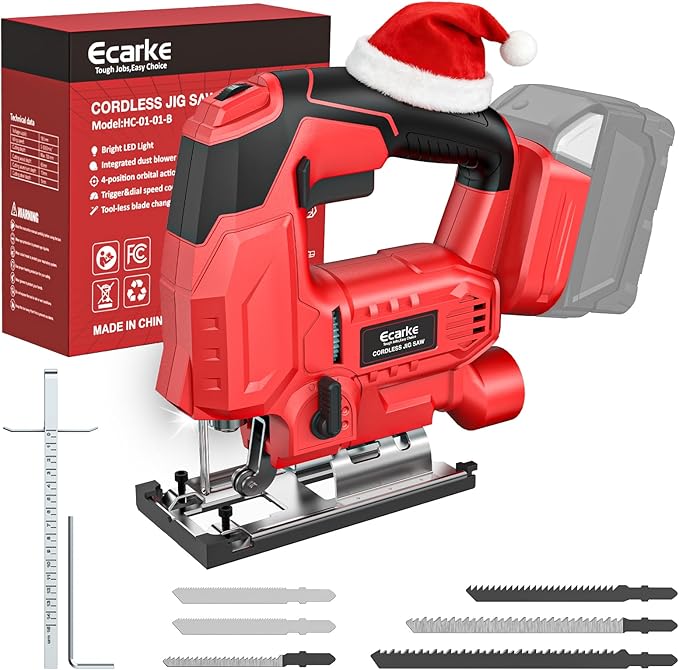 Ecarke Cordless Jig Saw Compatible With Milwaukee 18V Battery (Only Tool), 4 Orbital Sets, 6 Variable Speeds Control, Dust-Blowing, ±45° Bevel Cuts, LED Light and 6PCS Blades For Cutting