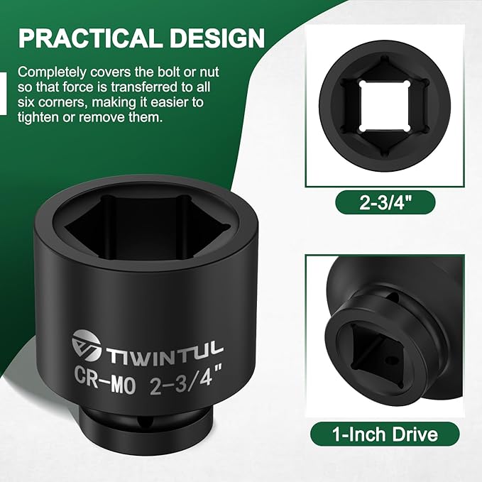 2-3/4" Impact Socket 1" Drive, 6 Point Design, CR-MO, ANSI Certified, Big Jumbo Socket 1 Inch Drive for Mining, Pipeline, Industrial Equipment & Heavy-Duty Maintenance