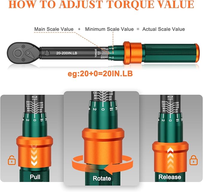1/4-Inch Drive Click Torque Wrench, 20-200 In.Lb, 72-Tooth Dual-Direction Adjustable Small Inch Pound Torque Wrench, 짹3% High Precision for Bicycle, Small Equipment Repair