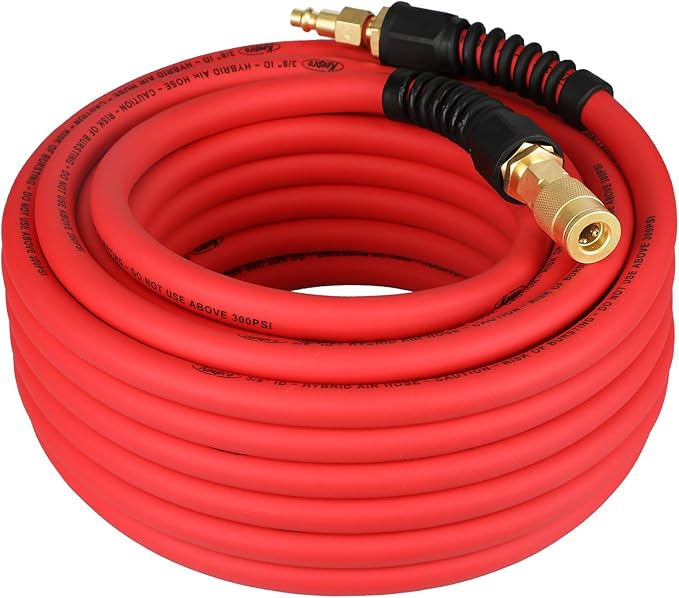 Keepro Hybrid Air Hose, Flexible Air Compressor Hose 3/8 Inch ID x 50 Feet Long with Repairable Solid Brass 1/4" Industrial Quick Coupler and Plug, 300 PSI Maximum Pressure, Red