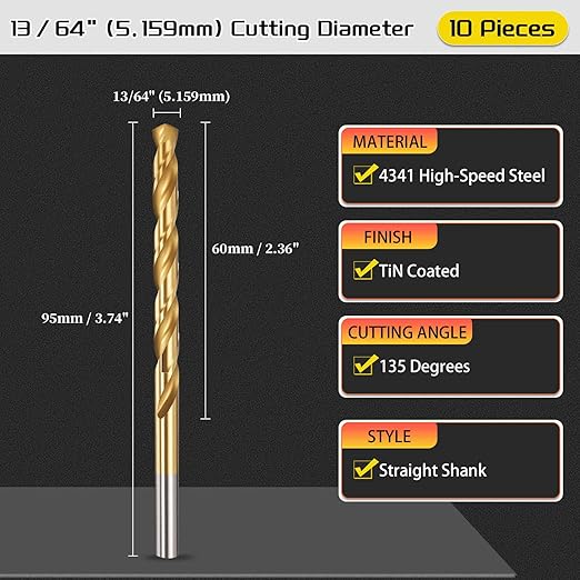 Drill Bit, 13/64" Cutting Diameter, 4341 HSS Jobber Bits TiN Coated 135° Cutting Angle - (Applications: for Drilling Soft Metal Plastic Wood), 10-Pieces