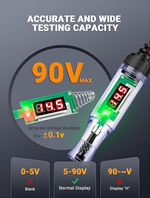 Heavy Duty Automotive Circuit Tester 5-90V Test Light, Digital LED Voltage Tester with Voltmeter, Dual Polarity Indicator & Stainless Probe for Car, Truck, RV, Boat Electrical Fuse Testing
