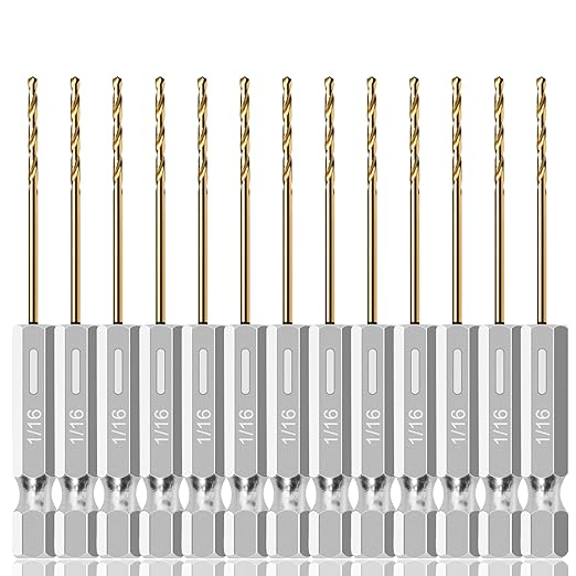 13PC 1/16" Titanium Coated Twist Hex Shank Drill Bit Set, 135 Degree Tip HSS Drill Bit Sets, Impact Driver Drill Bits for Wood, Steel, Metal, Plastic with Quick Change Design