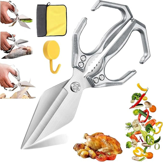 Multifunctional Heavy-Duty Kitchen Shears, Heavy Duty Kitchen Scissors with Ergonomic Handle,High-Carbon Steel Japanese Scissors for Chicken,Meat,Seafood,Bone Cutting (1*Silver)