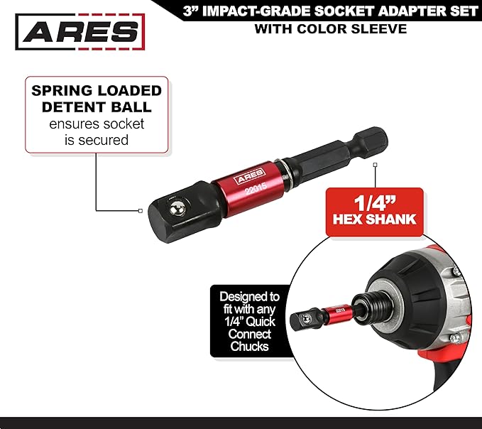ARES 22011-3-Piece 3-Inch Impact Grade Socket Adapter Set with Color Sleeve - Turns Power Drill into High Speed Nut Driver - 1/4-Inch, 3/8-Inch, and 1/2-Inch Drive