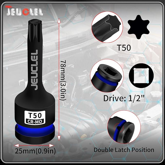 T50 Torx Bit Socket, 1/2" Drive Torx Star 6 Point Impact Bit Socket, 3-Inch, Cr-Mo Steel, Screwdriver Adapter for Electric Ratchet Wrenches Fastening Screws Hand Repair