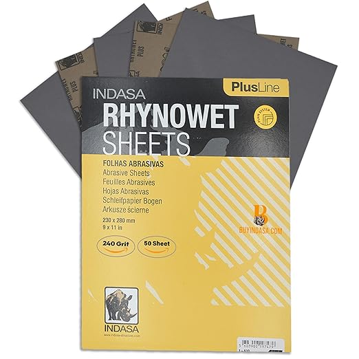 Indasa 50 PCS 9x11??Wet & Dry Sandpaper Sheets, 240 GRIT, Rhynowet Clog-Resistant Abrasive for Wood, Metal, Auto, Paint & Clear Coat Finishing, Sand Paper Aluminum Oxide, Plusline